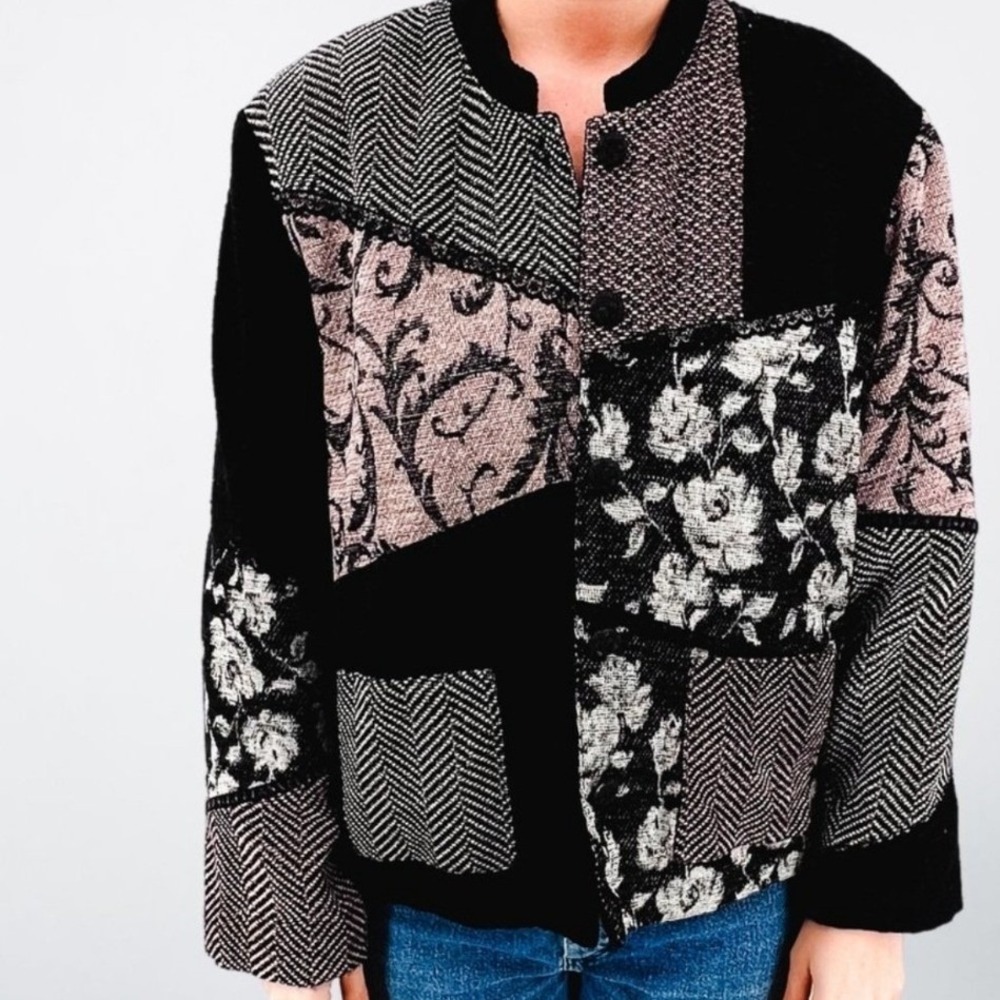 Koret Vintage Patchwork Floral Herringbone Jacket Black Grey Mauve Size 18